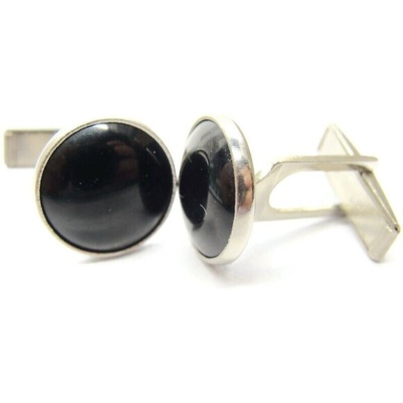 Classic Round Pioneer Black & Silver-Tone Cufflinks Tux Shirt Dress Suit Vintage - Picture 2 of 7